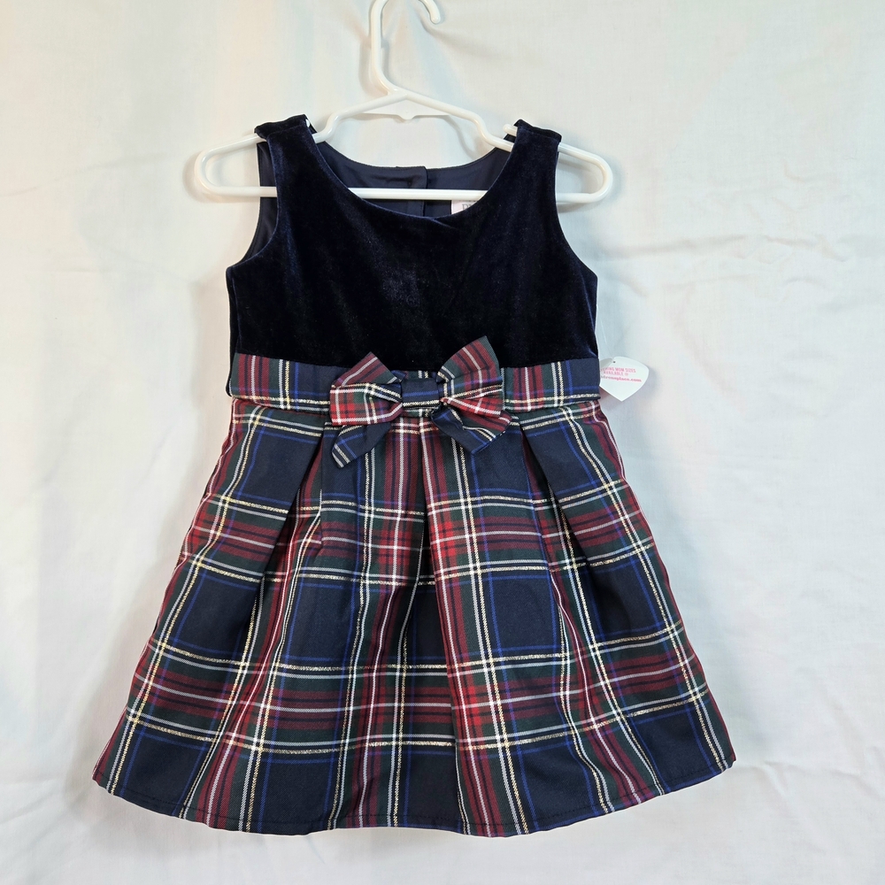 Childrens Place Girls Navy Velour Red Plaid Front Bow Fit And Flare Dress 2T NEW